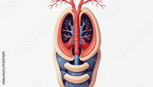 Anatomical illustration of the human respiratory system, showcasing the lungs, trachea, and surrounding structures.