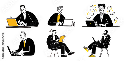 Creative doodle illustration of businessmen working on laptops in modern office settings
