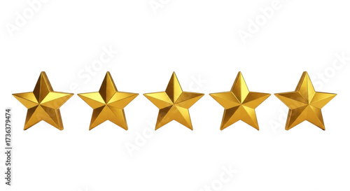 Isolated five golden stars, positive quality ranking and feedback symbol, rating design