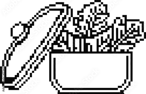 Pixel art illustration of a skateboard and a bowl of french fries