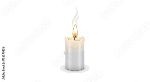 Solemn lit white candle with glowing flame, melted dripping wax, and wisp of smoke, symbolizing remembrance, spirituality, and All Saints Day.