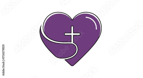 Vibrant purple heart with white cross and gentle embrace, symbolizing faith, love, remembrance, and spiritual devotion for All Saints Day concepts.