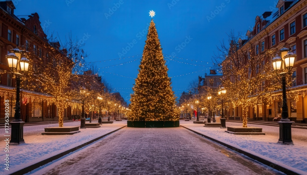 Naklejka premium Snow-covered town square with grand decorated Christmas tree, glowing fairy lights, and festive garlands on lampposts in a serene evening glow. Perfect for holiday branding and World Peace Day visuals