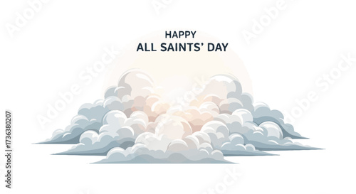 Happy All Saints' Day illustration with heavenly clouds and golden light, a spiritual graphic asset for remembrance and observance.