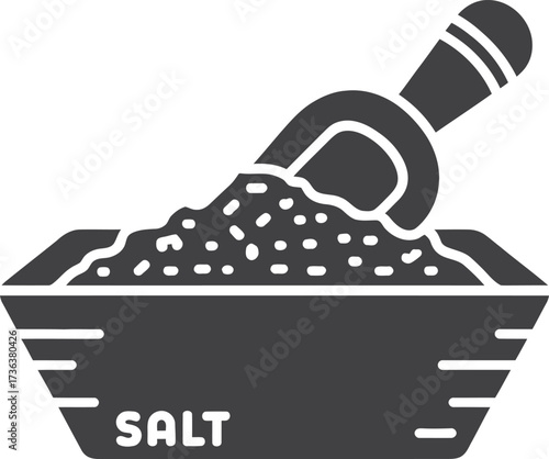 Simple icon illustration of a bowl of salt with a scoop