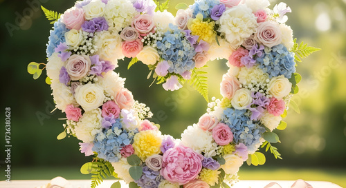 Heart shaped floral arrangement on table
