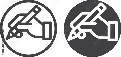 Hand writing with pen icon in circle black and white