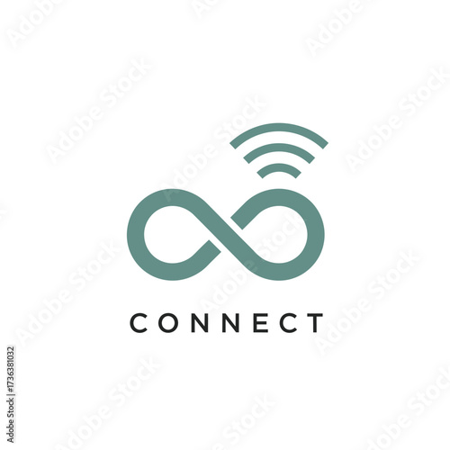 A teal infinity symbol with radiating waves above, symbolizing endless connectivity and technology, with the word "CONNECT" below.