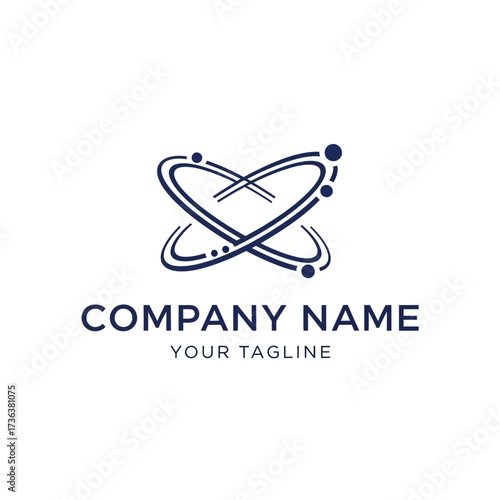 Abstract logo design featuring intertwined elliptical orbits with small dots, representing scientific or technological concepts, alongside placeholder text f...