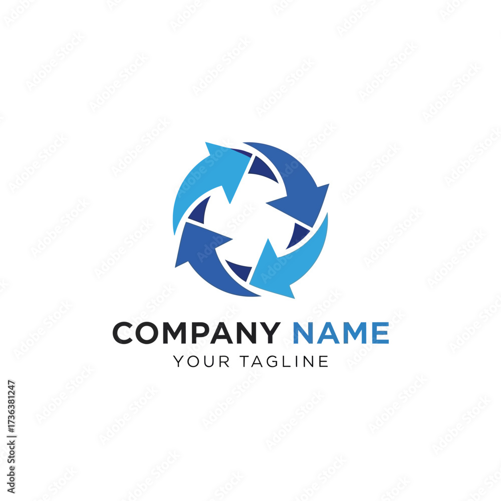 Obraz premium Circular logo design featuring four blue arrows rotating in a continuous loop, representing recycling.