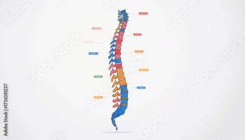 A detailed 3D rendering of the human spinal column, showing different vertebral sections highlighted with distinct colors and anatomical labels on a white background.