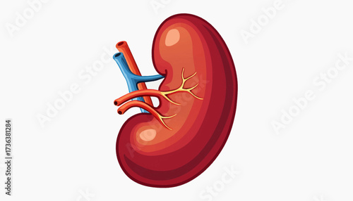 A vibrant, detailed anatomical illustration of a human kidney with blood vessels, isolated on white.