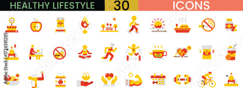 30 healthy lifestyle icons representing fitness food wellness and nutrition vector