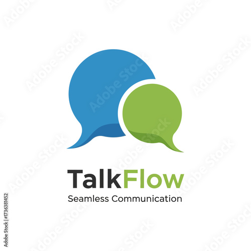 A logo featuring two overlapping speech bubbles, one blue and one green, above the words "TalkFlow" and "Seamless Communication".