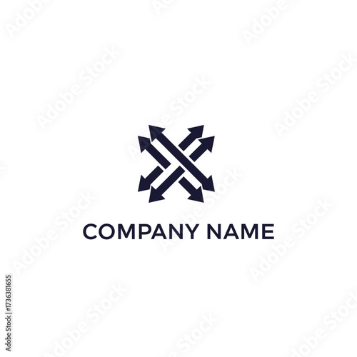 Abstract logo featuring intertwined arrows pointing outwards in all directions, forming an "X" shape, with space for a company name below.