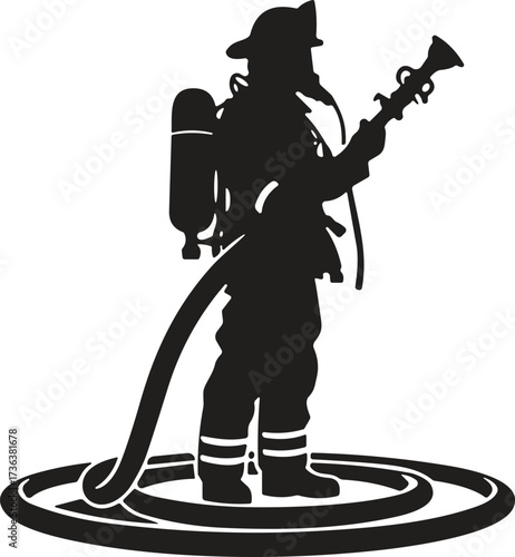Firefighter silhouette vector, emergency responder icon, fire safety illustration, protective gear graphic, brave hero standing on hose, black isolated design