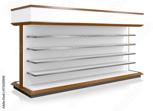 Retail white gondola shelving with wood-grain edges, topper and clear shelves. 3d illustration transparent background