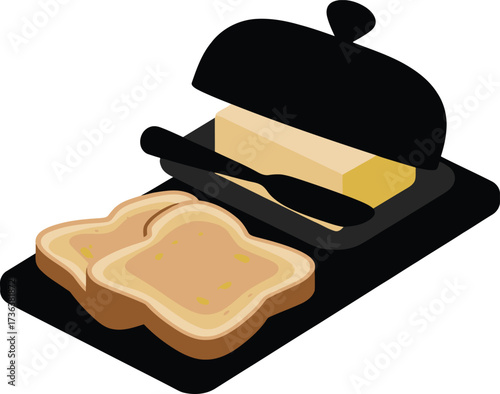 Butter dish with toast and knife on a black tray