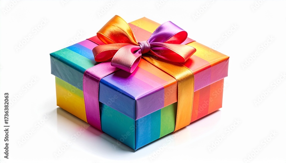 Fototapeta premium Colorful Wrapped Gift Box with Shiny Ribbon on White Background, Professional Realistic HD Stock Photo