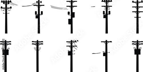 Utility pole silhouette set, electrical infrastructure vector icons, power line crossarm designs, urban energy distribution elements, black isolated technical illustrations
