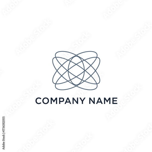 A minimalist logo design of intersecting elliptical orbits forming an abstract atomic or global symbol.