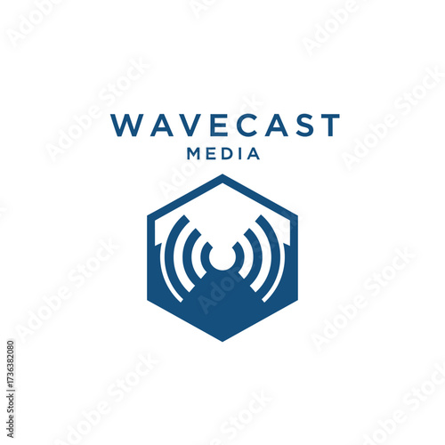 A modern logo for Wavecast Media featuring a blue hexagon with a white broadcast wave symbol.
