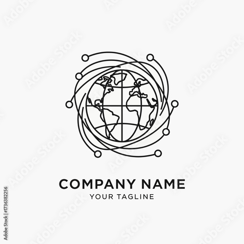 A stylized line art logo featuring a globe surrounded by orbiting digital nodes and connecting lines, representing global connectivity and technology.