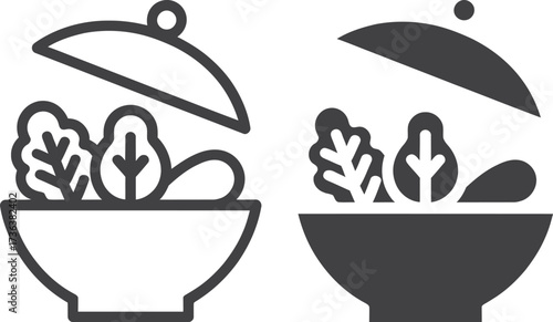 Two styles of salad bowl icon with lid open showing fresh lettuce leaves