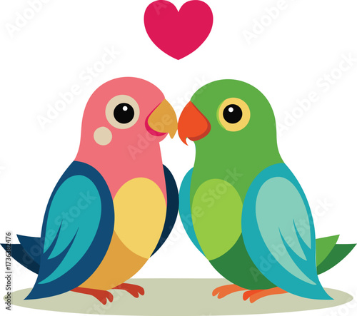 Cute colorful lovebirds with heart icon, Romantic lovebird illustration with heart symbol