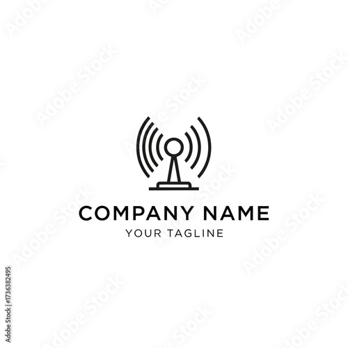 A minimalist line art logo featuring a stylized radio tower emitting concentric signal waves, with placeholder text for "COMPANY NAME" and "YOUR TAGLINE" below.