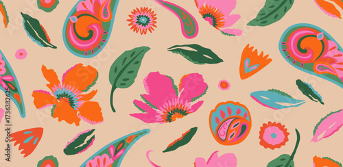 Modern hand drawn paisley with floral pattern. Abstract retro ethnic style. Fashionable vector template for your design. Textile printing, background, wallpaper, home decor. Vector illustration.