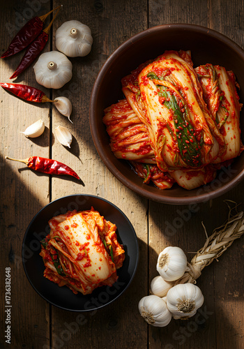 [Generative AI] 나무 테이블 위에서 햇살을 받는 배추김치와 양념 재료