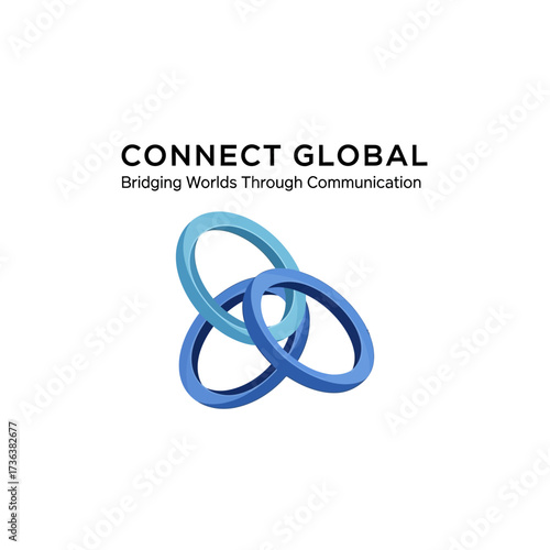 A logo featuring three interconnected rings, representing global connection and communication, with text above and below.