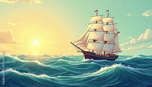 Majestic sailing ship navigates ocean waves under a golden sunset sky. The vessel with full sails journeys across the sea. Nautical scene evokes adventure and discovery.