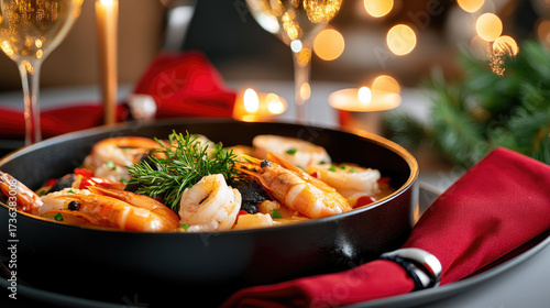 Elegant Spanish Christmas table with seafood bake centerpiece, candles, cava glasses, and red napkins, joyful family holiday dinner,