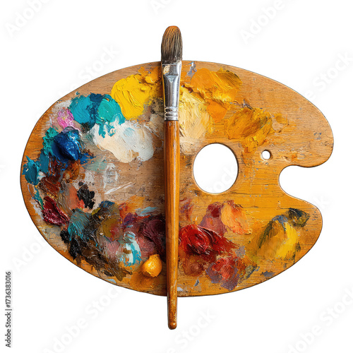Wooden artist's palette, paint, brush