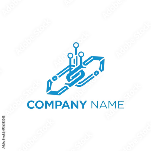 Abstract blue logo design featuring a stylized chain link with circuit board elements, suggesting technology or connectivity.