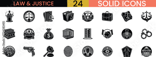 24 law and justice solid icons representing legal concepts and fairness vector