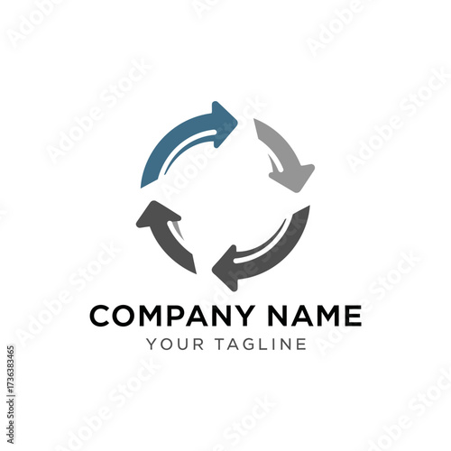 Circular logo design featuring four curved arrows pointing clockwise, suggesting movement, rotation, or a cyclical process.