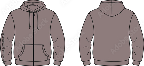 Gray zip up hoodie front and back view, casual sweatshirt mockup, fashion apparel template, kangaroo pocket design, drawstring hood clothing illustration
