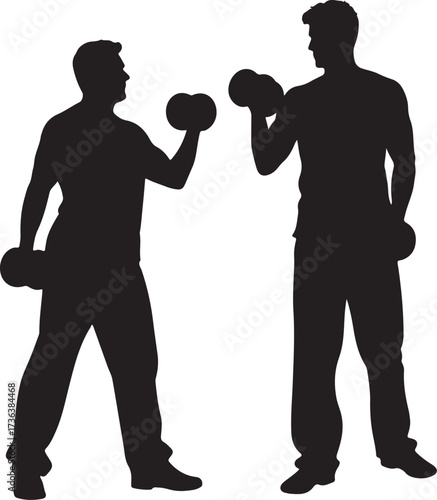 Two men silhouettes lifting dumbbells vector