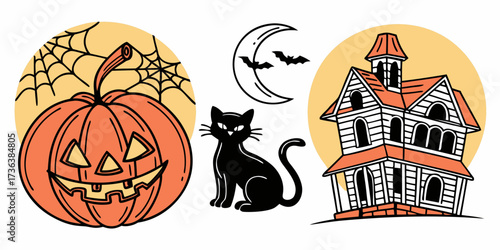 Big Halloween collection of black silhouettes. Isolated spooky stickers, magic elements, doodle clip art set for Halloween party decor. Witch, ghosts, pumpkins, skulls, haunted houses. Ai Generated
