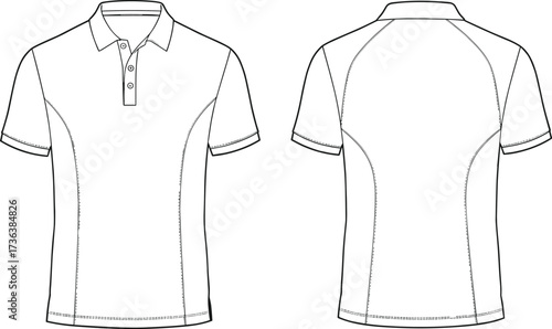 Technical flat sketch polo shirt, short sleeve apparel design, fashion garment template, front and back view, clothing illustration, vector drawing, unisex wear