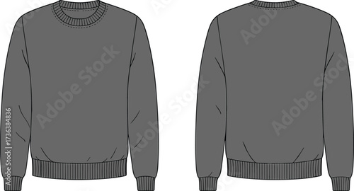Dark gray crew neck sweatshirt, long sleeve pullover, front and back view, plain ribbed cuffs and waistband, unisex blank clothing template