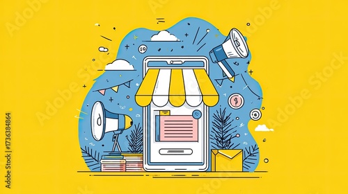 Online Store Concept with Shopping Cart and Marketing Elements