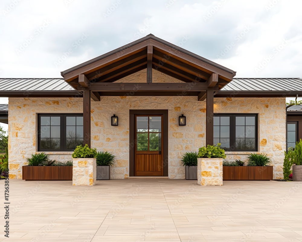 Obraz premium Farmhouse wine bar with stone and wood exterior, decorative planters, and pergola roof