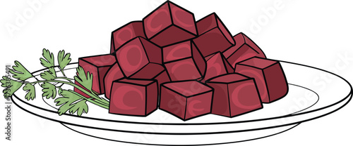 Pile of diced beets on a plate with parsley garnish