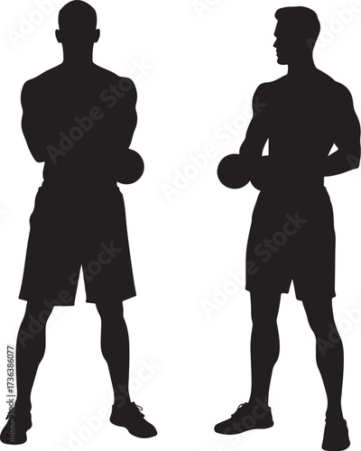 Two male athletes in silhouette holding basketballs