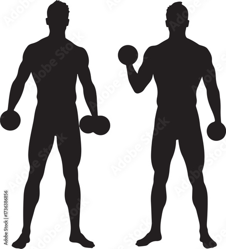 Two black male silhouettes holding dumbbells fitness