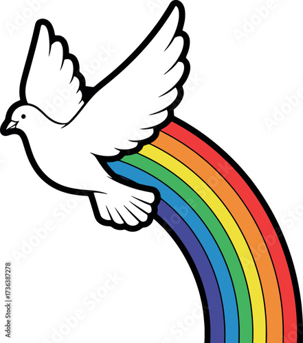 White dove soaring with rainbow symbolizing peace and hope in the sky.